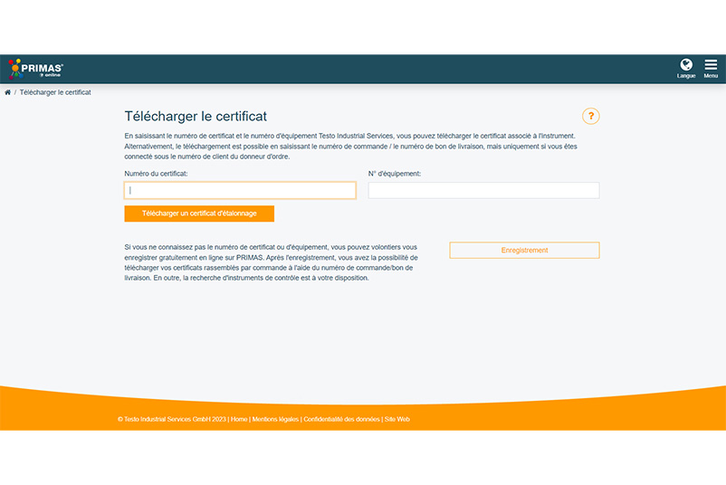 Zone de saisie pour le téléchargement du certificat dans PRIMAS online