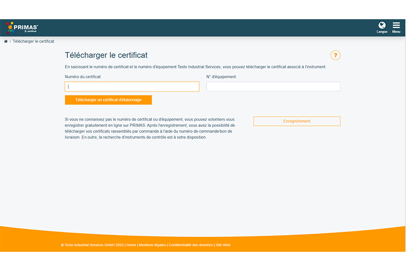 Zone de saisie pour le téléchargement du certificat dans PRIMAS online