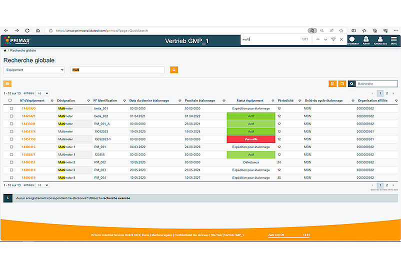  Capture d'écran de la recherche globale du système de gestion des moyens de contrôle PRIMAS validated