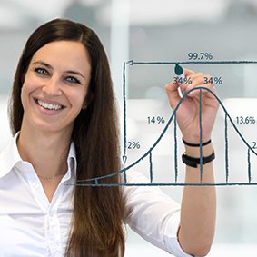 Messunsicherheit GUM Konformitätsformel Frau zeigt Diagramm zur Messunsicherheit GUM Konformitätsformel