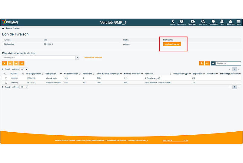 Capture d'écran du bulletin de livraison du système de gestion des moyens de contrôle PRIMAS validated